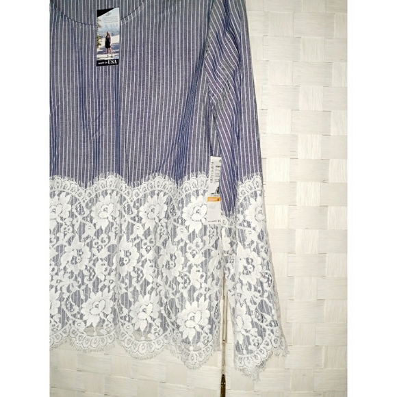 Karen Kane Chambray Stripe Lace Top - Picture 5 of 11